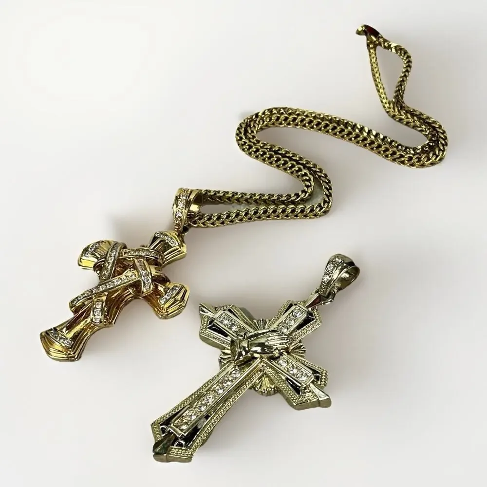 Lg Gold Tone Cross Pendant Lot w 30” Stainless Chain 2 Interchangeable Pendants